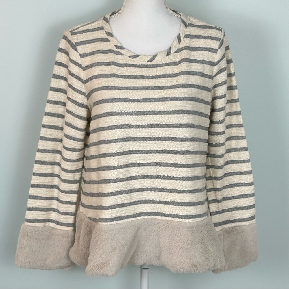Maeve by Anthropologie Astor Faux Fur Trimmed Striped Pullover Top - Picture 4 of 12
